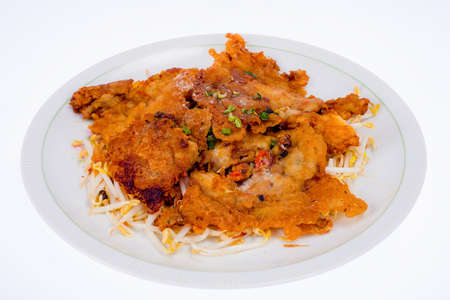Crisp fried mussel pancakes. Shell fried with vegetables (Hoi Tod)の写真素材