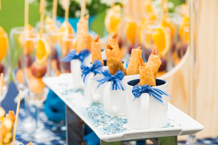 Pork satay and  Fried spring rolls on a plateの写真素材