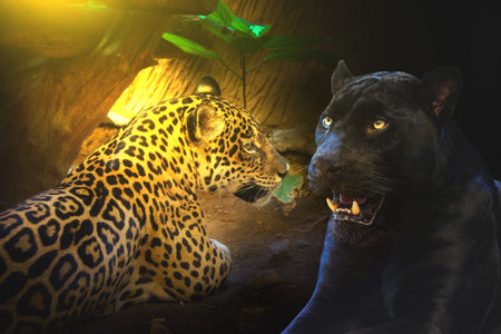 Panther and Leopard with morning sunset Sit on the floor