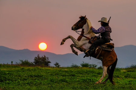 A man in a cowboy outfit with his horse