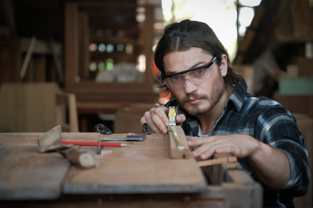 Carpenter men work on the measurements of wood in a carpentry shop.の写真素材