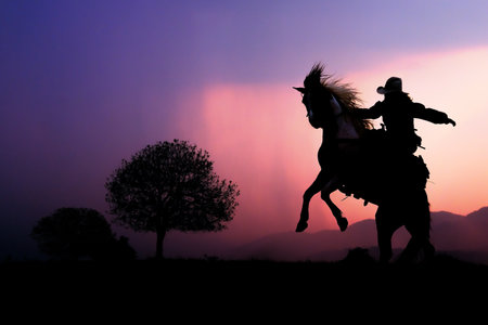 The silhouette of the cowboy and the setting sunsetの写真素材