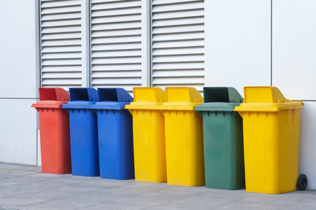 Yellow, green, blue and red recycling bins with separate recycling symbols on the building wallの写真素材