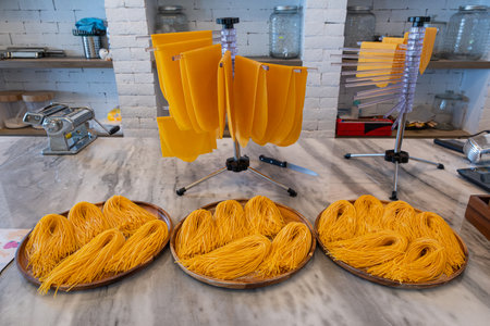 Collection of spaghetti and spaghetti equipment ingredientsの写真素材