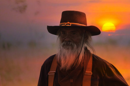 The silhouette of the cowboy and the setting sunsetの写真素材