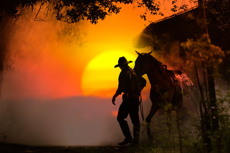 Silhouette of a cowboy leading a horse and the sunsetの写真素材