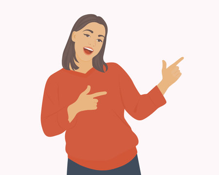 Beautiful woman in a good mood pointing her finger to the right, showing a happy or excited gesture. Vector illustration.のイラスト素材