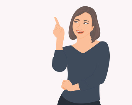 A young woman pointing her finger to the left to represent something or explain a reason. Vector illustration.のイラスト素材