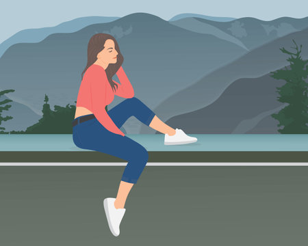 A young woman sits and breathes fresh mountain air to let her mind and body relax in tranquility. Happy living concept vector illustration.のイラスト素材