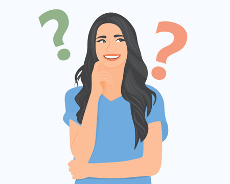 Beautiful woman thinking or wondering and analyzing the question. Vector illustration.のイラスト素材