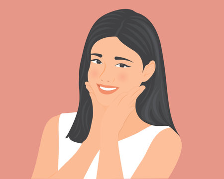 A beautiful woman looking straight ahead. Sending happy smiles to people. Vector illustration.のイラスト素材