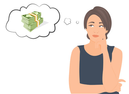 Beautiful woman contemplating money solving her financial problems on white background.Finance concept vector illustration.のイラスト素材
