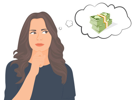 Beautiful woman contemplating money solving her financial problems on white background.Finance concept vector illustration.のイラスト素材