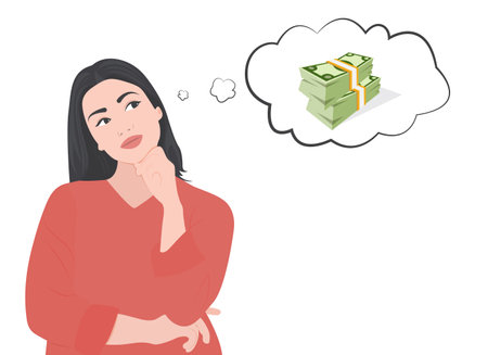 Beautiful woman contemplating money solving her financial problems on white background.Finance concept vector illustration.のイラスト素材