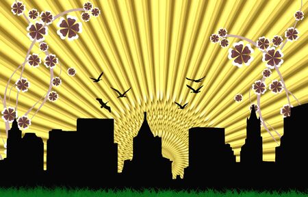 Silhouette of a city skyline with birds in the sky and ornamental elementsの写真素材