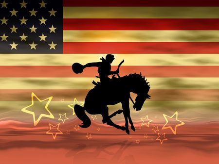 Cowboy riding his horse - American flag in backgroundの写真素材