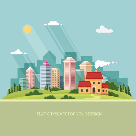 cityscape - summer  Country house on a background of a big city. Flat style vector illustration.のイラスト素材