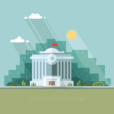 City landscape. municipal building, City Hall, the Government, the court on the background of the city. Flat illustration.のイラスト素材