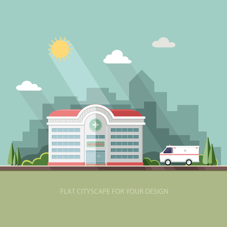 City landscape. Hospital on the background of the city. Clinic building with ambulance car. Flat illustration.のイラスト素材