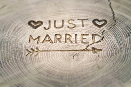 Woodcarving. Newlyweds, Just married, inscription on the wedding. Background for your design.