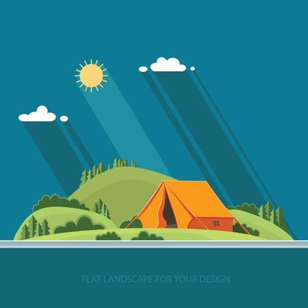 summer  landscape. Morning landscape in the mountains. Solitude in nature by the river. Weekend in the tent. Hiking and camping. Vector flat illustrationのイラスト素材