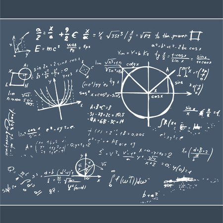 Math education vector with handwritten formulas, tasks, plots, calculations and geometrical figures. Mathematical background handwrittenのイラスト素材