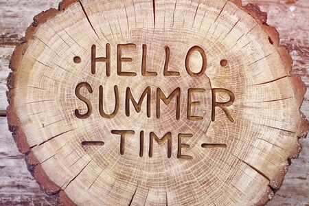 Hello summer time decorative wood carving, background. positive quote for design. Hand lettering inspirational typography poster, photo bannerの写真素材
