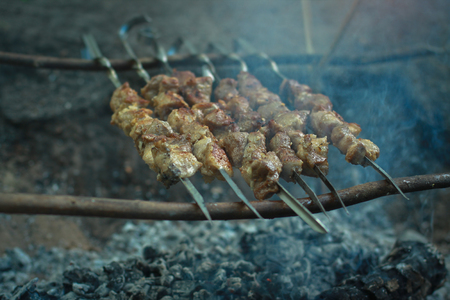 Cooking, barbecue outdoors. Hiking meat food on camping smoke. blurred backgroundの写真素材