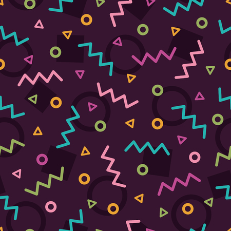 Chaotic Zigzag, wave, circle, plus, cross of swatches memphis seamles pattern. Fashion 80-90s. Geometric Abstract Background mosaic textures.のイラスト素材