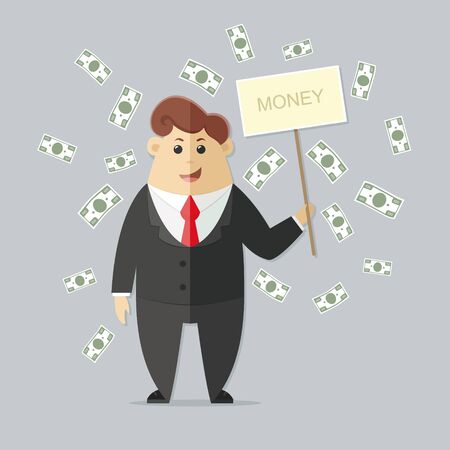 Man in a suit with a red tie getting a lot of money. boss, office worker, manager, banker,  businessman. Flat vector icon, illustrationのイラスト素材