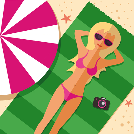 Woman In Bikini On Beach Over, Sexy Girl In swimsuit, Summer Sea, ocean Vacation. Sunbath on hot sand in the tropics. Flat Vector Illustrationのイラスト素材