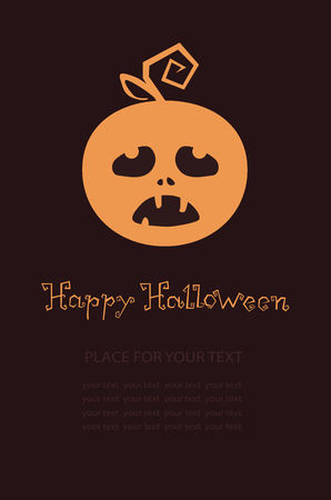 Banner with pumpkin, Terrible character in a hat for holiday. Glowing muzzle on a dark background. Flyer or invitation template for Halloween party. Vector illustration.のイラスト素材