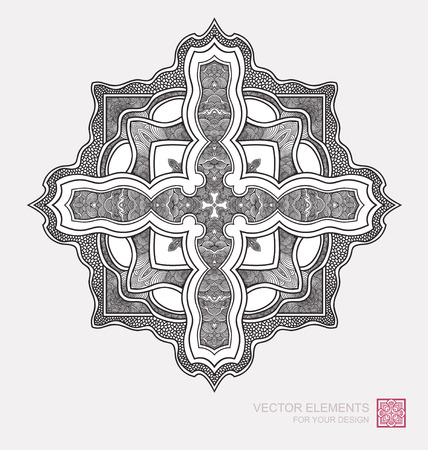 Floral abstract ornament of round shape. Christian cross, graphic elements are drawn by hand. Modernist Minimalist Artのイラスト素材