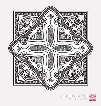 Floral abstract ornament of round shape. Christian cross, graphic elements are drawn by hand. Modernist Minimalist Artのイラスト素材