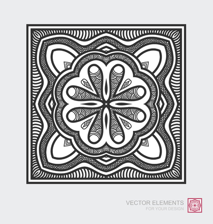 Floral abstract ornament of square shape. Decorative monochrome tile design,  Vector graphic elements. Modernist Minimalist Art.のイラスト素材