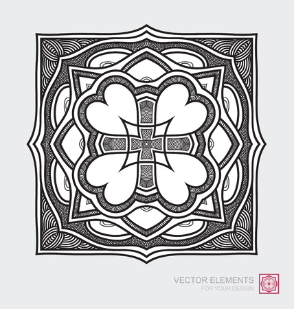 Floral abstract ornament of square shape. Decorative monochrome tile design,  Vector graphic elements. Modernist Minimalist Art.のイラスト素材