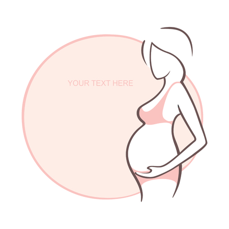 Pregnant woman in underwear. Bra, panties. Young girl - mother. Medical bulletin. Vector illustration, the form for the text. Flyer, banner, logo, poster for designのイラスト素材