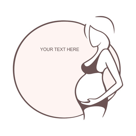 Pregnant woman in underwear. Bra, panties. Young girl - mother. Medical bulletin. Vector illustration, the form for the text. Flyer, banner, logo, poster for designのイラスト素材