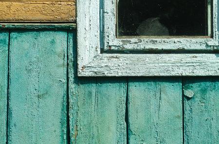 Ancient vintage wooden texture. A painted green, blue wall. Cracked paint. Grunge colored background...