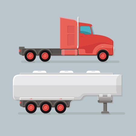 Modern petite Cargo Red Fuel Tanker Truck Trailer easy to edit vector template isolated on grey background. Delivery a large car. Flat icon illustration designのイラスト素材
