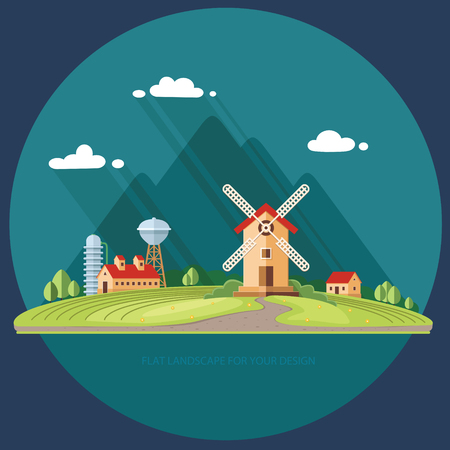 Rural landscape. Agricultural industry, Agriculture mountains in the background. Flat design style vector illustration.のイラスト素材