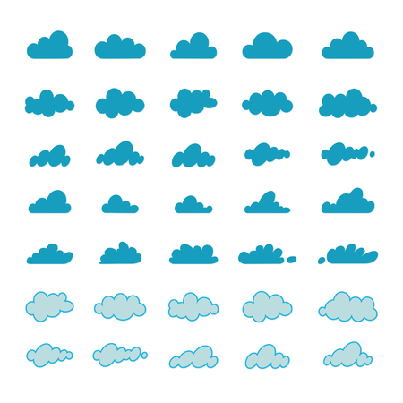 Set of cartoon variety of clouds isolated on blue sky background, Clouds-cape.のイラスト素材