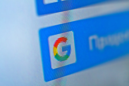 Photo for a blog for non-commercial use 2018 - 2019. Google.com homepage and cursor on the screen. Google is world's most popular search engineのeditorial素材