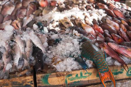 Various fish in the market near the sea, ocean. Old stalls with fresh marine life. Asia culture and...