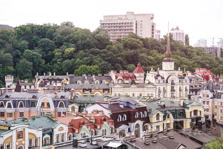 Beautiful multi-colored buildings below. City hero Kiev. European architecture.の写真素材