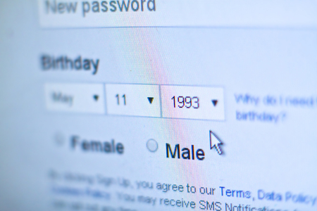 Ukraine - summer 2018. The facebook website photographed through the macro-ring. Social network on the monitor and pixels. Portal for communication and finding friends.のeditorial素材