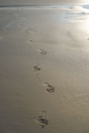 Footprints of bare feet on the sand of the beach. The coast of the ocean, the sea. Tourist background for travel agency. Stock photoの写真素材