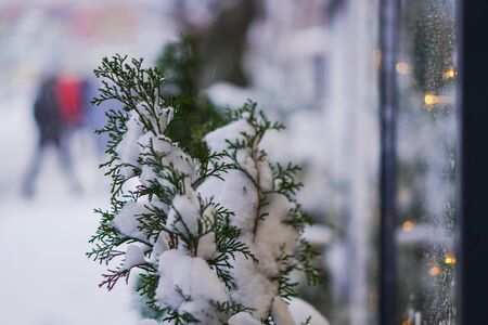 Beautiful Christmas background with garlands and bokeh. New Year colorful picture. Photo of a winter city street for designの写真素材