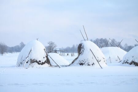 Beautiful winter landscape on a background of trees and forest. Christmas and New Year mood. Snowfall and the view as in a fairy taleの写真素材