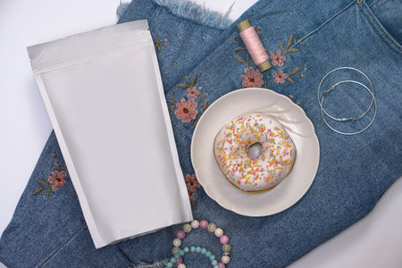 Paper packaging template on the background of romantic elements and a sweet donut. Mocap for...